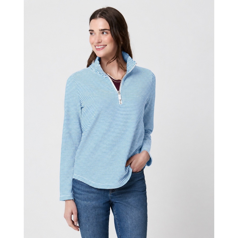 J.Crew Terry Half Zip Blue White Striped Pullover Sweater M